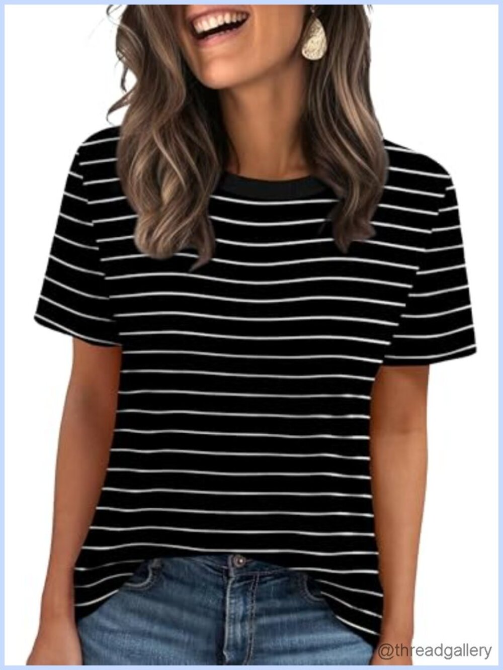 Womens Ribbed Trim Crewneck Short Sleeve Tee Casual Summer Basic Top
